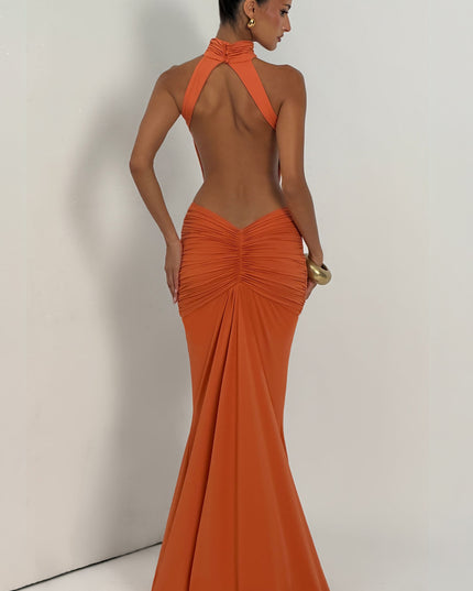 Women's Halter Backless Ruched Sleeveless Black Maxi Dress