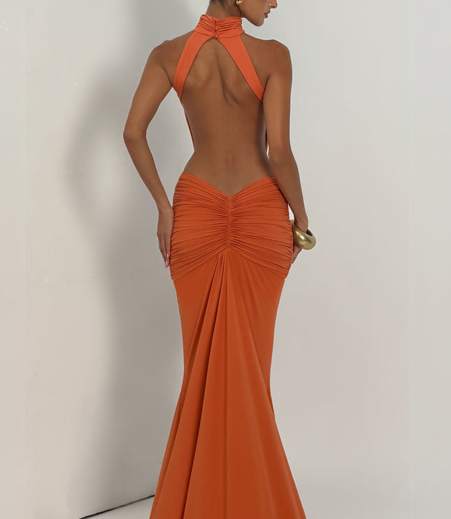 Women's Halter Backless Ruched Sleeveless Black Maxi Dress