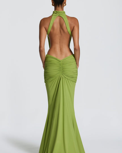 Women's Halter Backless Ruched Sleeveless Black Maxi Dress