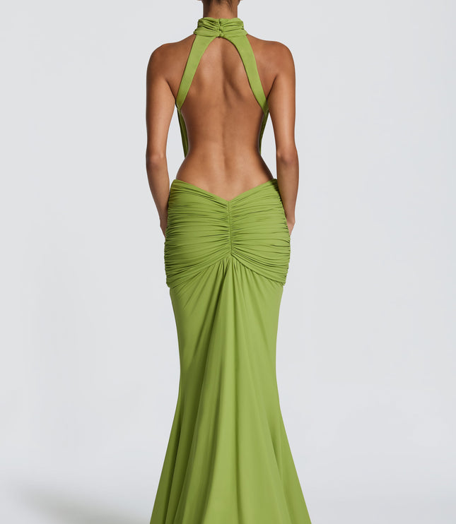 Women's Halter Backless Ruched Sleeveless Black Maxi Dress