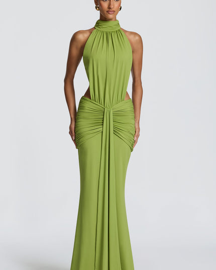 Women's Halter Backless Ruched Sleeveless Black Maxi Dress