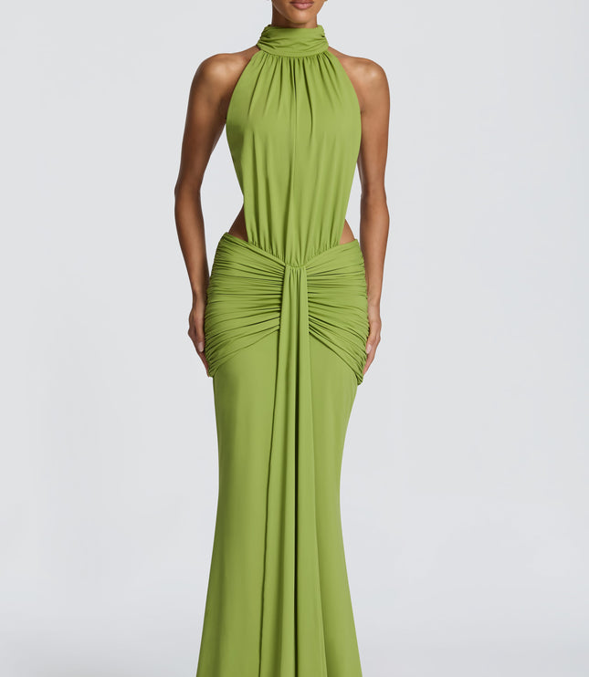 Women's Halter Backless Ruched Sleeveless Black Maxi Dress
