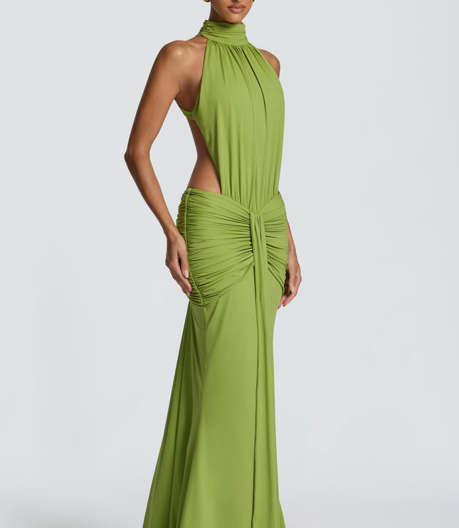 Women's Halter Backless Ruched Sleeveless Black Maxi Dress