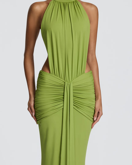 Women's Halter Backless Ruched Sleeveless Black Maxi Dress