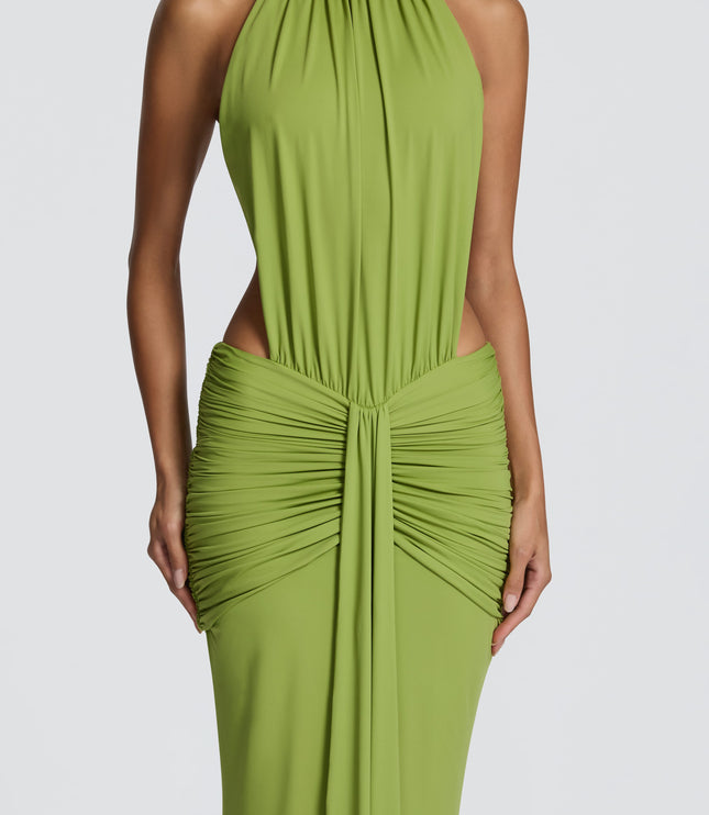 Women's Halter Backless Ruched Sleeveless Black Maxi Dress