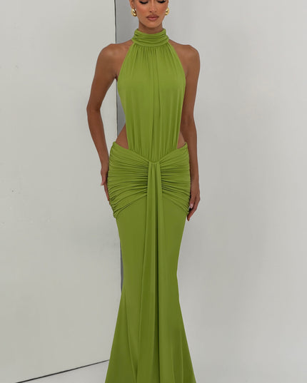 Women's Halter Backless Ruched Sleeveless Black Maxi Dress