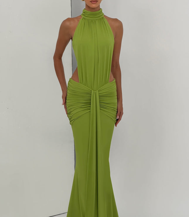 Women's Halter Backless Ruched Sleeveless Black Maxi Dress