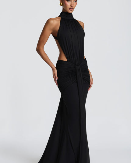 Women's Halter Backless Ruched Sleeveless Black Maxi Dress