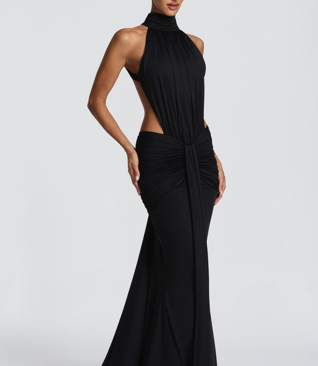 Women's Halter Backless Ruched Sleeveless Black Maxi Dress