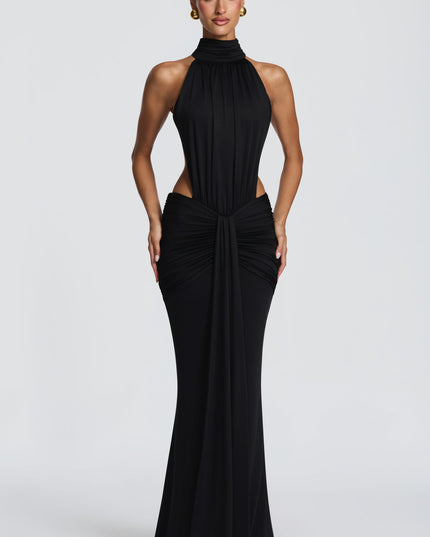 Women's Halter Backless Ruched Sleeveless Black Maxi Dress