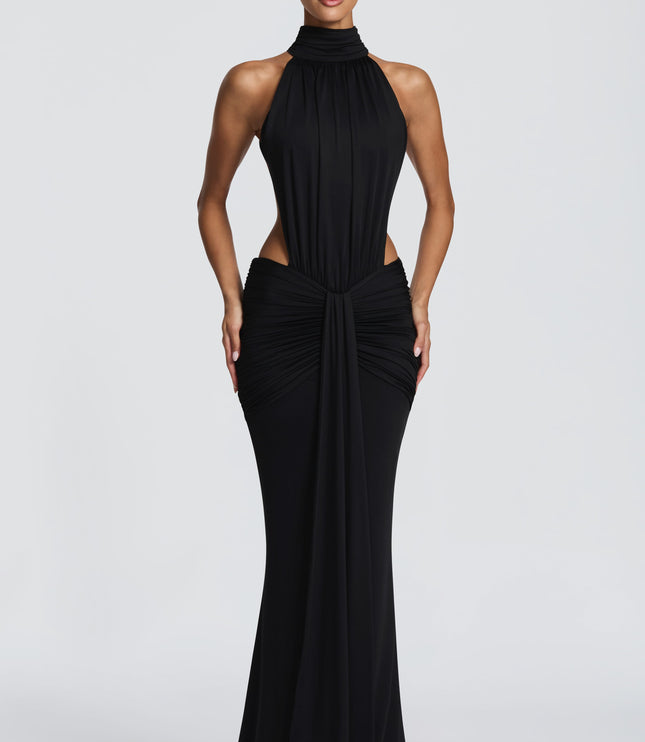 Women's Halter Backless Ruched Sleeveless Black Maxi Dress