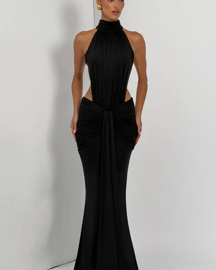 Women's Halter Backless Ruched Sleeveless Black Maxi Dress