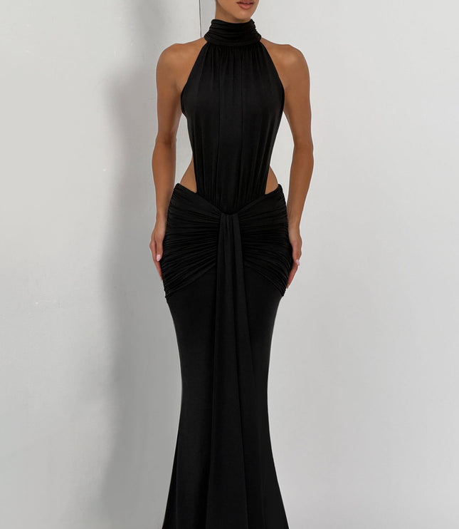 Women's Halter Backless Ruched Sleeveless Black Maxi Dress