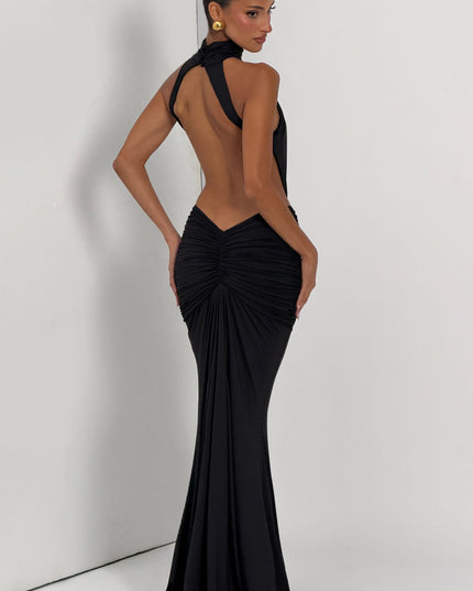 Women's Halter Backless Ruched Sleeveless Black Maxi Dress