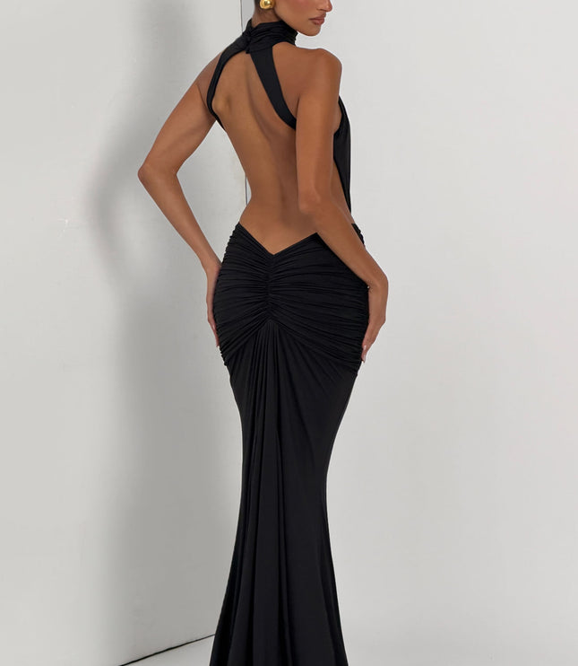 Women's Halter Backless Ruched Sleeveless Black Maxi Dress