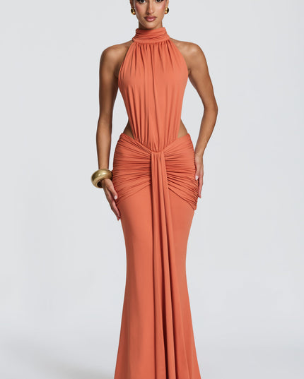 Women's Halter Backless Ruched Sleeveless Black Maxi Dress