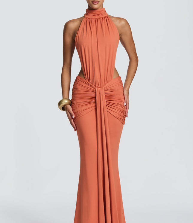 Women's Halter Backless Ruched Sleeveless Black Maxi Dress