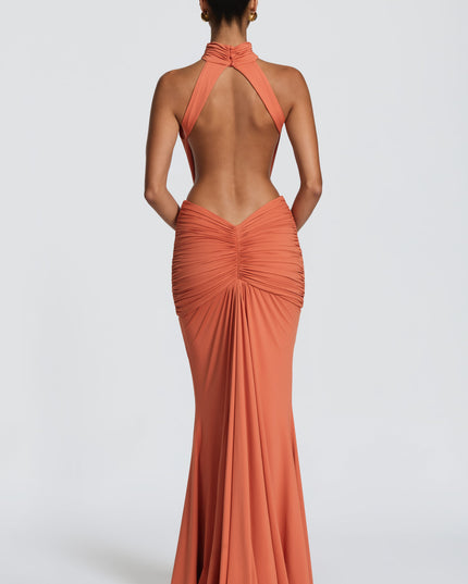 Women's Halter Backless Ruched Sleeveless Black Maxi Dress