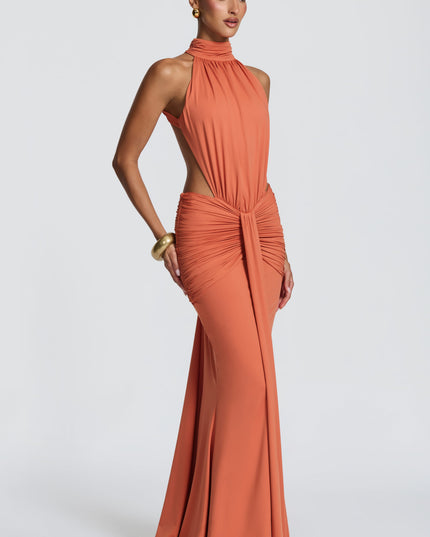 Women's Halter Backless Ruched Sleeveless Black Maxi Dress