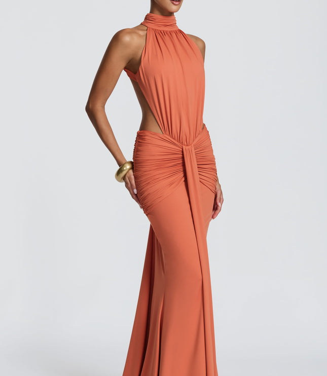 Women's Halter Backless Ruched Sleeveless Black Maxi Dress