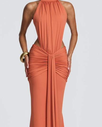 Women's Halter Backless Ruched Sleeveless Black Maxi Dress