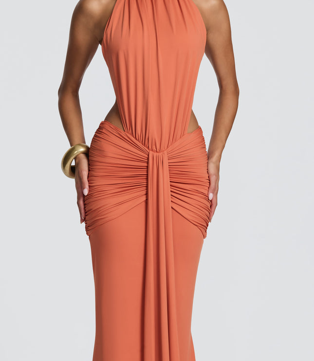 Women's Halter Backless Ruched Sleeveless Black Maxi Dress