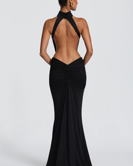 Women's Halter Backless Ruched Sleeveless Black Maxi Dress