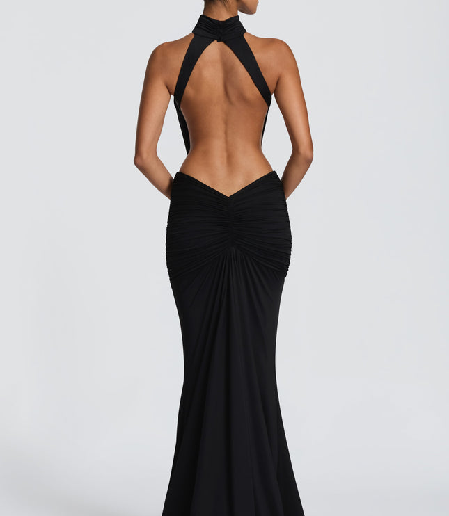 Women's Halter Backless Ruched Sleeveless Black Maxi Dress