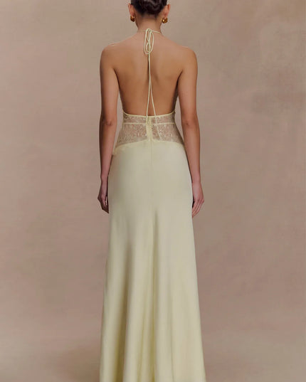 Back view of ivory halter lace maxi dress with open back and tie neck detail