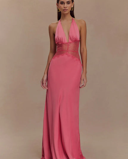 Front view pink halter lace maxi dress with plunging V neck and lace bodice panel