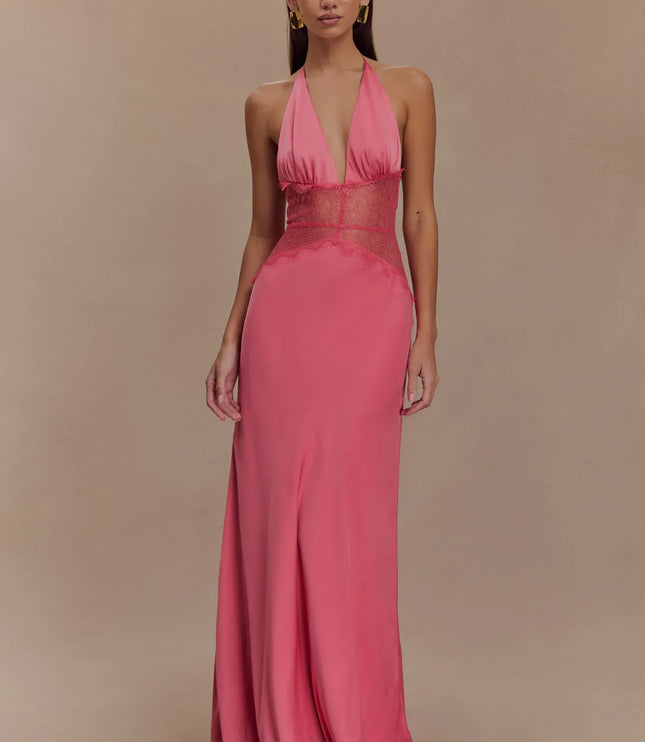 Front view pink halter lace maxi dress with plunging V neck and lace bodice panel