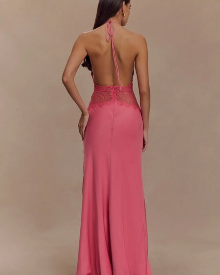 Back view pink halter lace maxi dress with open back, tie neck straps, and lace waist