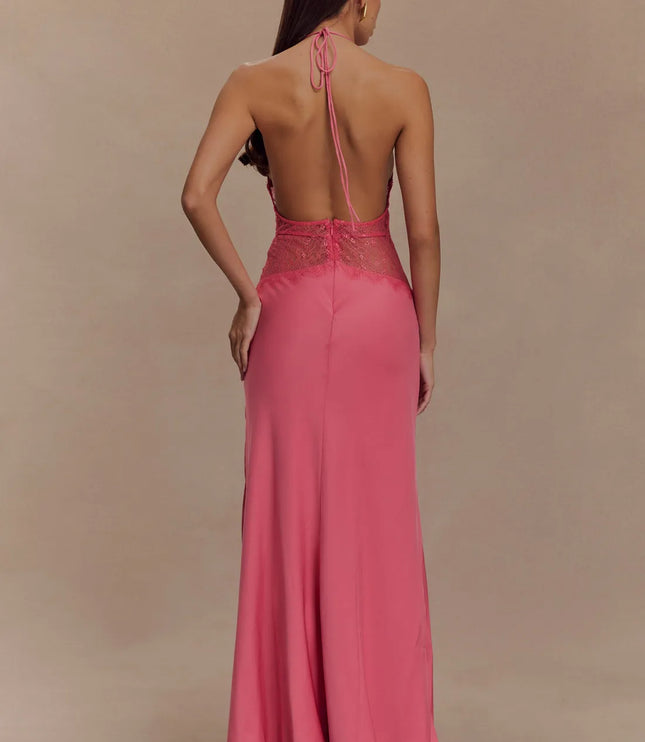 Back view pink halter lace maxi dress with open back, tie neck straps, and lace waist