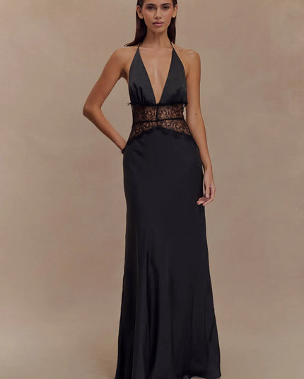 Black women halter lace maxi dress with plunging V neck and sheer lace waist detail