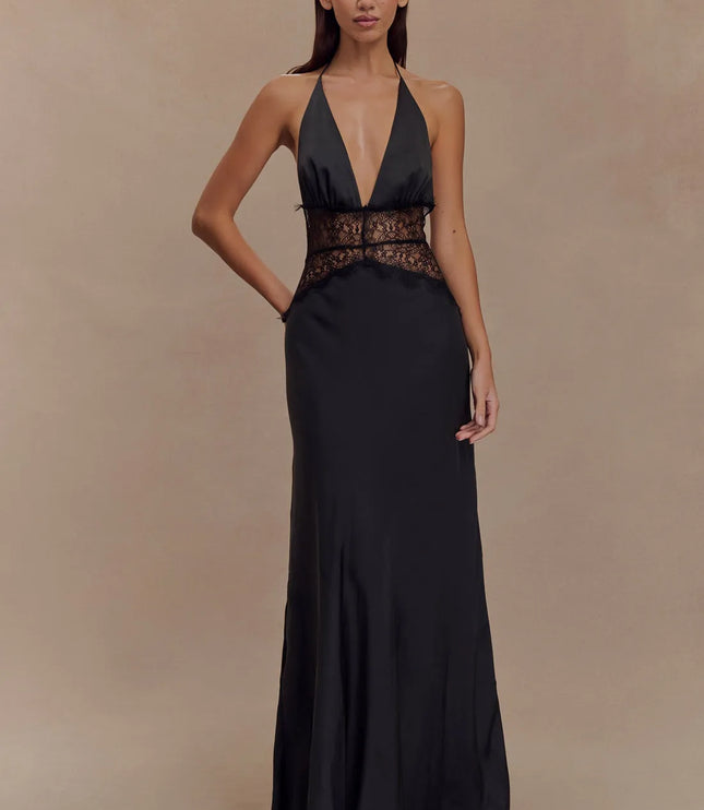 Black women halter lace maxi dress with plunging V neck and sheer lace waist detail