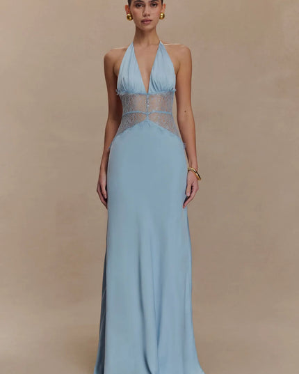 Light blue women halter lace maxi dress with plunging V neck and sheer lace bodice panel