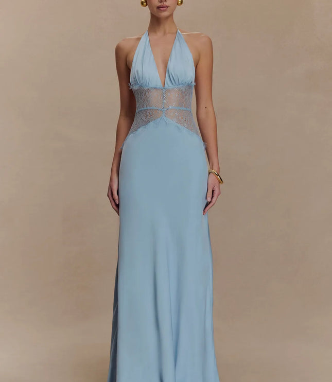 Light blue women halter lace maxi dress with plunging V neck and sheer lace bodice panel