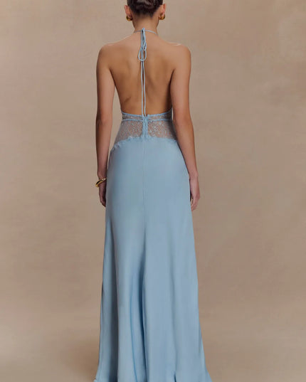 Back view light blue halter lace maxi dress with open back, tie straps, and lace waist detail