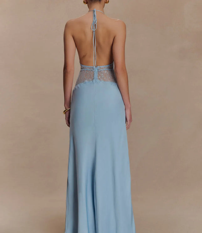 Back view light blue halter lace maxi dress with open back, tie straps, and lace waist detail