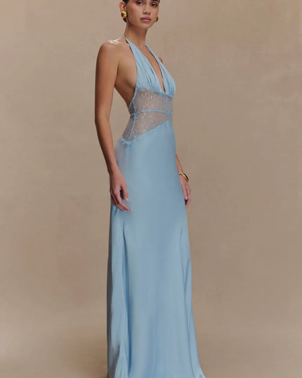 Side view light blue halter lace maxi dress featuring sheer lace bodice and flowing skirt