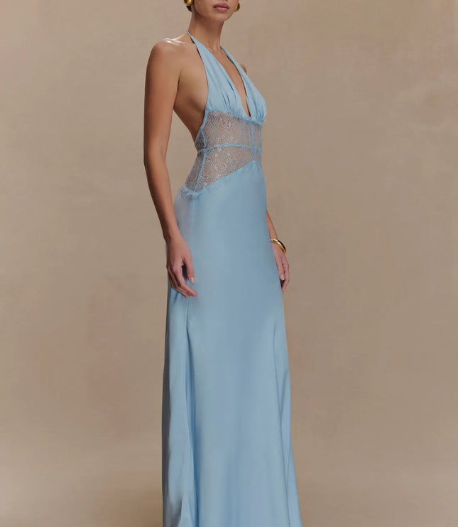 Side view light blue halter lace maxi dress featuring sheer lace bodice and flowing skirt