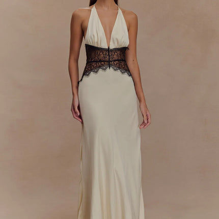 Ivory women halter lace maxi dress with deep V neckline and black lace waist panel