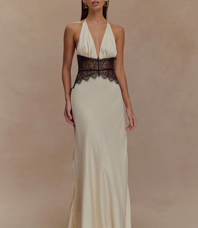 Ivory women halter lace maxi dress with deep V neckline and black lace waist panel