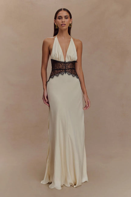 Ivory women halter lace maxi dress with deep V neckline and black lace waist panel