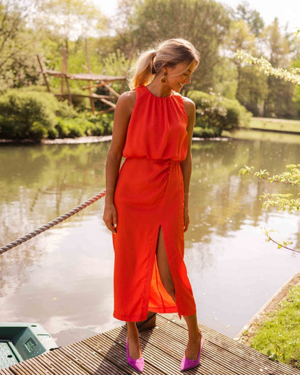 Women's Halter Neck Midi Dress with Front Slit