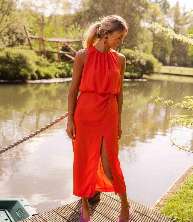 Women's Halter Neck Midi Dress with Front Slit