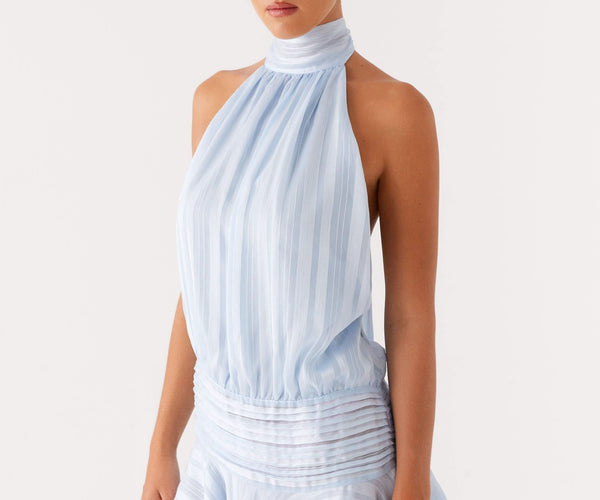 Women's Halter Neck Ruched Bodycon Mini Dress for Summer Parties - Blue / S - Fashion
