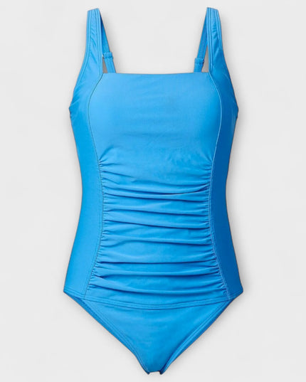 Blue one-piece swimsuit with square neckline and ruched details front view
