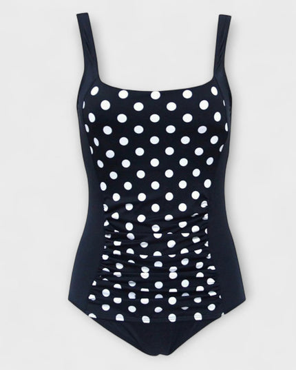 Black polka dot one-piece swimsuit with square neckline and ruching