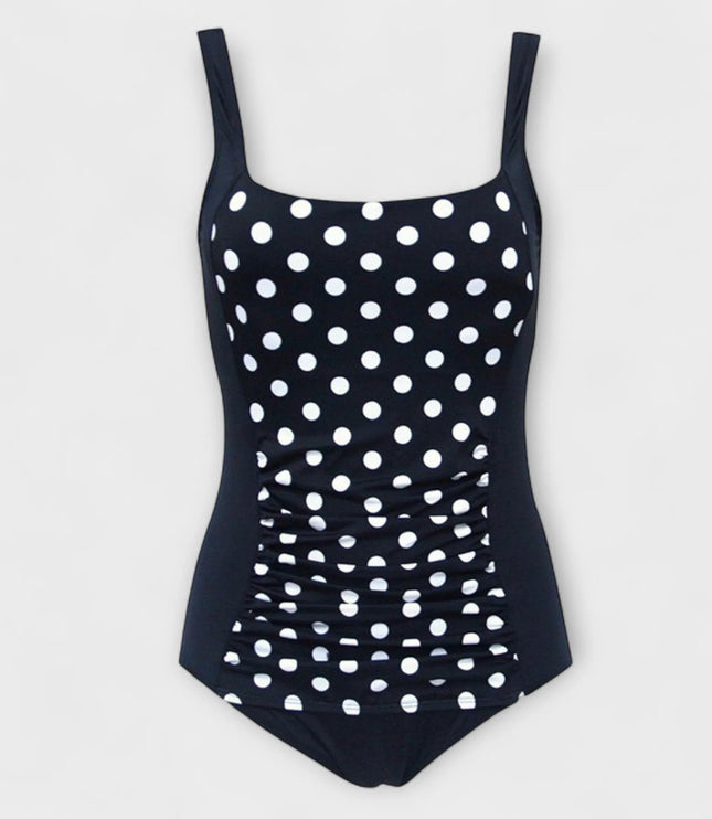 Black polka dot one-piece swimsuit with square neckline and ruching